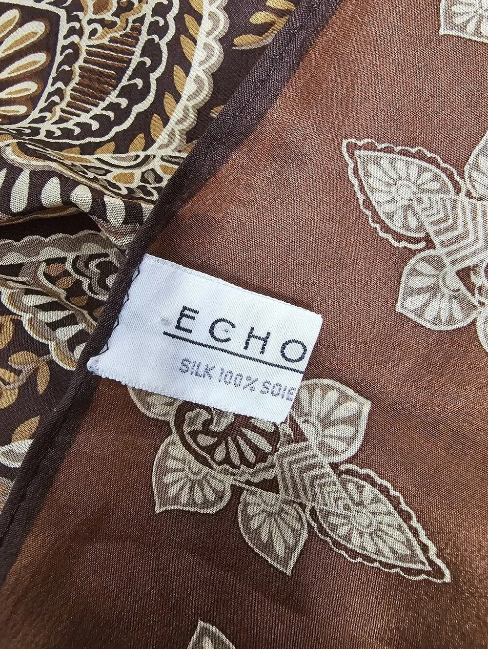 Echo 100% Silk Square Scarf Brown Tan Floral Paisley Boho Neck Hair Bag